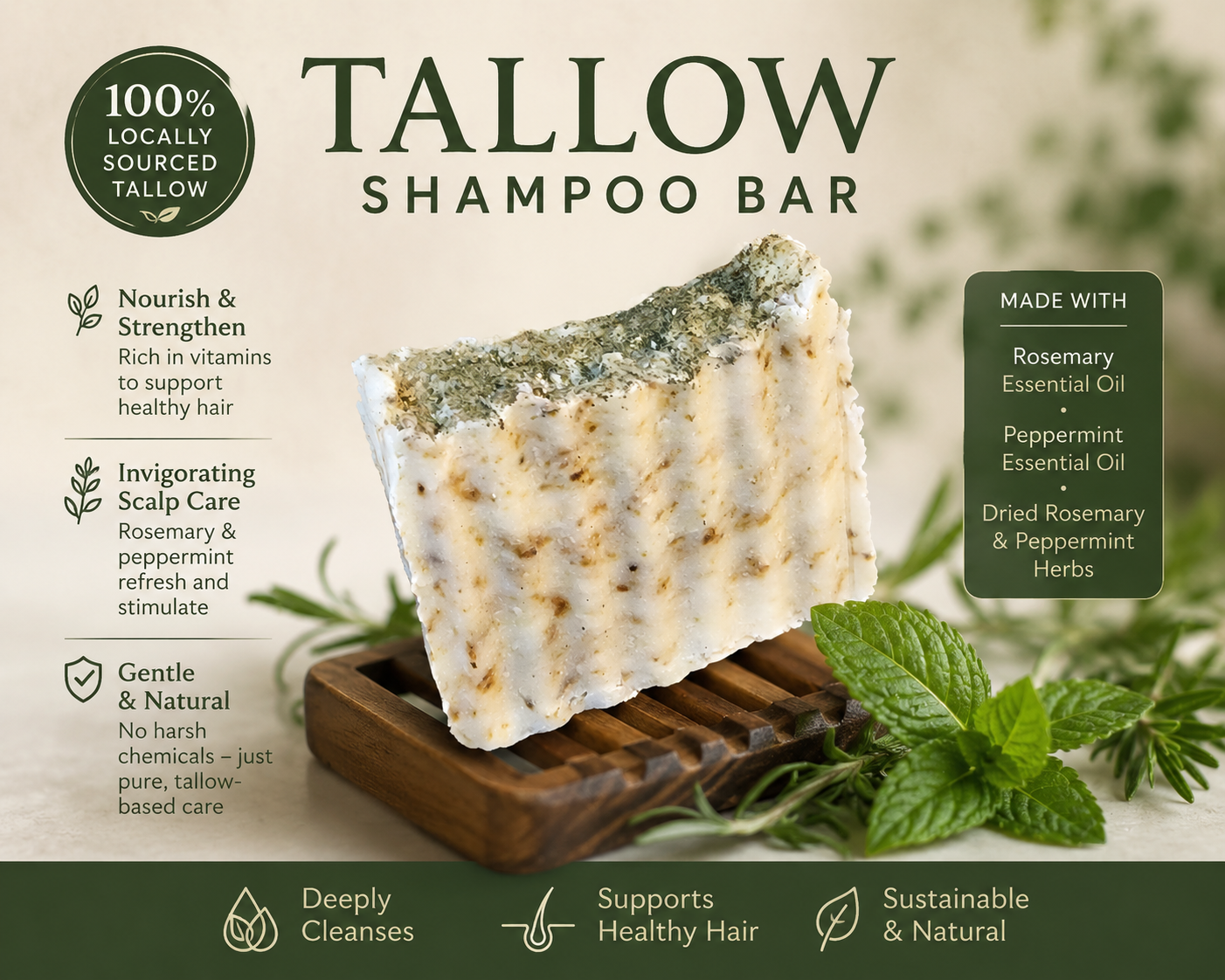 3-4 Oz Rosemary and Peppermint Tallow Shampoo Bar